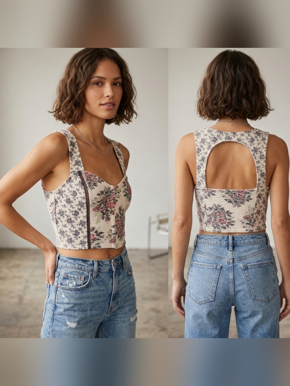 Kimchi Blue Urban Outfitters Floral Corset Crop Top Cutout Back Medium